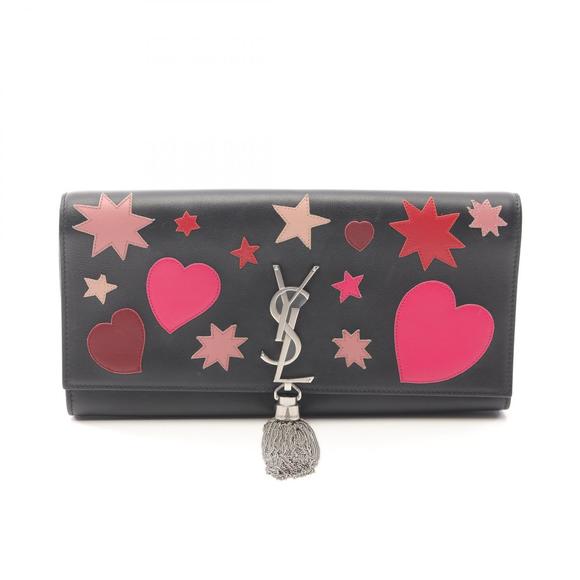 Saint Laurent Paris Monogram Tassel Leather Shoulder Bag Black Red Pink - Picture 1 of 7